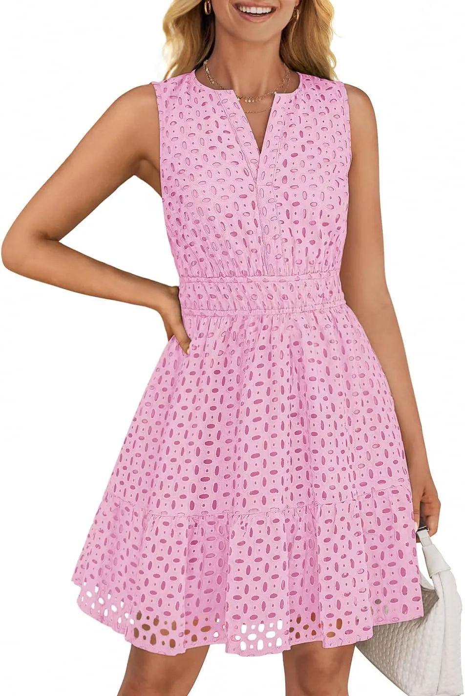 ZESICA Women's Summer Sleeveless Mini Dress V Neck Hollow Out Eyelet High Waist A Line Swing Short Party Dresses
